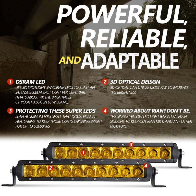 Chelhead 11 Inch Led Light Bars, 50W Yellow Single Row Fog Light Bar Spot Beam Amber Led Light Bars Compatible with Truck SUV Jeep UTV Can Am Polaris - Image 4
